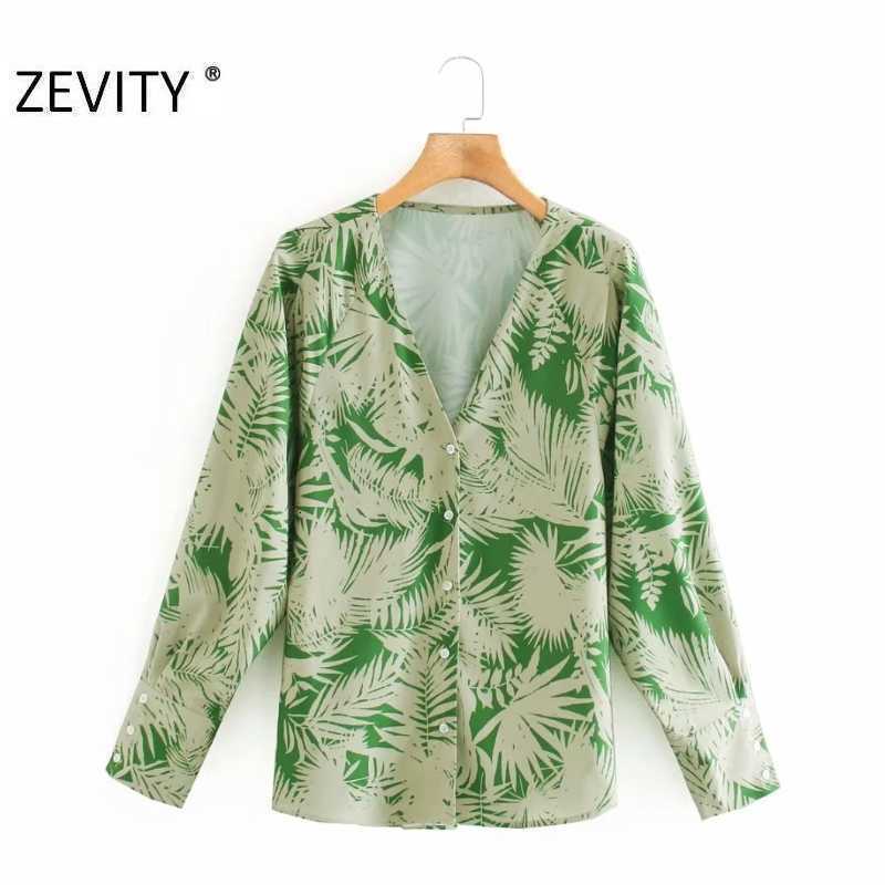 ZEVITY women vintage v neck leaves print casual smock blouse shirt women long sleeve breasted chic femininas blusas tops LS7246 210603