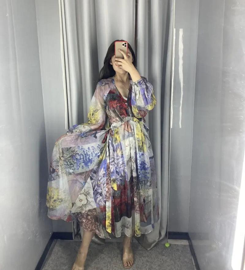 Casual Dresses Printed V Neck Loose Long Sleeved Dress Temperament Fashionable For A Holiday