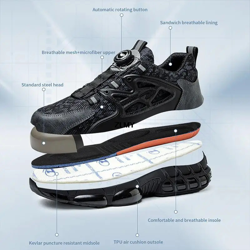 ZLMY Rotating Button Safety Shoes Men Steel Toe Sneaker Air Cushion Work Shoes Man Puncture Proof Work Safety Boots Protective 240614