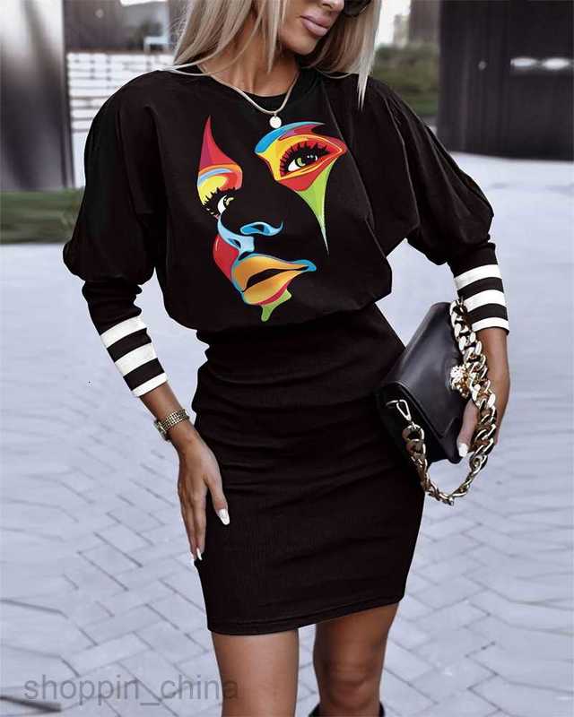 Basic Casual Women Dresses Women's Autumn New Round Neck Long Sleeve Printed Waist Commuter Dress