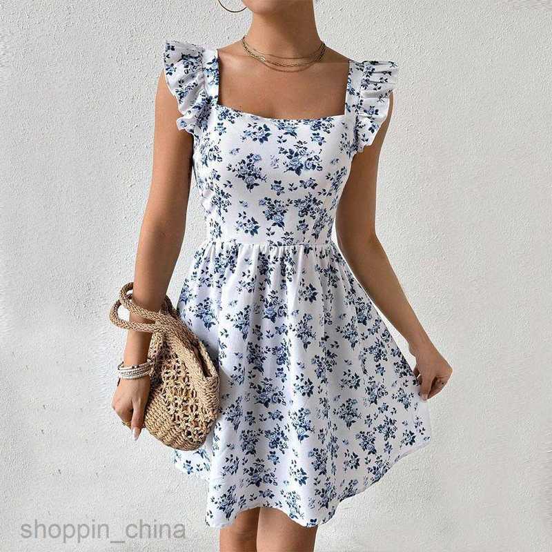 Basic Casual Women Dresses Spring/Summer Sweet Slim Design Large Open Back Lace up Small Flying Sleeves Fragmented Flower Dress