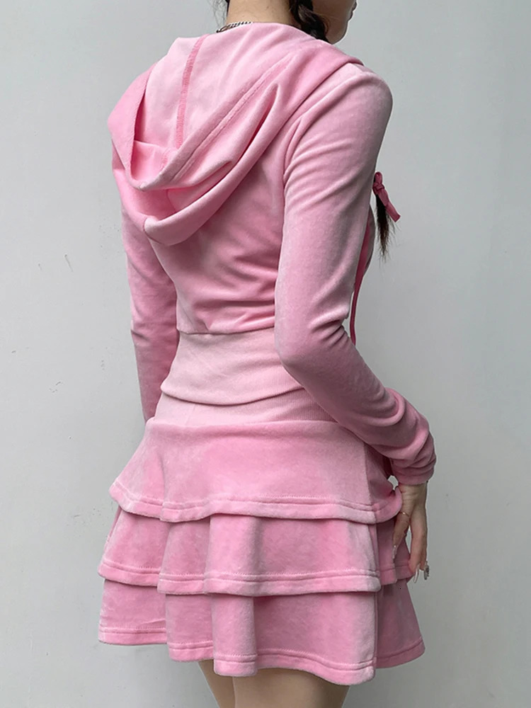 Weekeep Sweet Velvet Pink Women Suit Autumn Winter Hooded Zip Up Crop Sweatshirt and Loose Mini Skirt Two Piece Sets y2k Outfits 240601