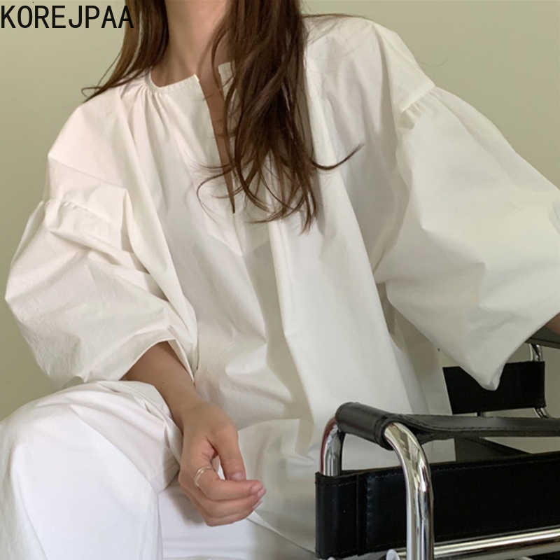Korejpaa Women Shirt Summer Korean Simple Niche Chic Neckline Hedging Loose Solid Color Lantern Sleeve Oversize Blouses 210526