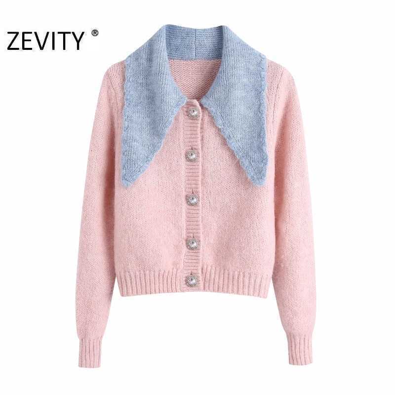 Zevity Women Fashion Color Matching Blue Collar Patchwork Pink Knitting Sweater Femme Chic Diamond Button Cardigan Tops S430 210603