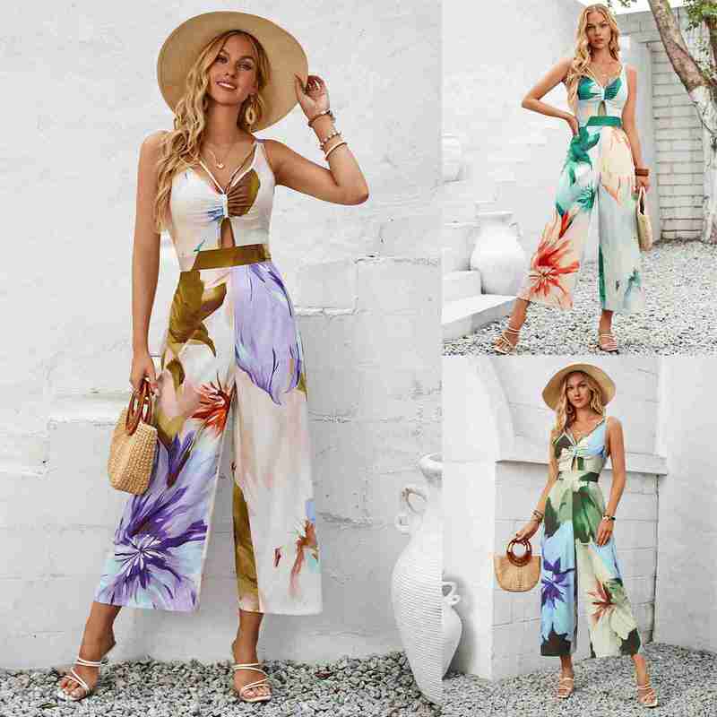 Women's Tracksuits Summer Fashion Casual Women's Wear 24 Year New Printed Shoulder Strap Hollow jumpsuit Trendy Women's Wear Sets