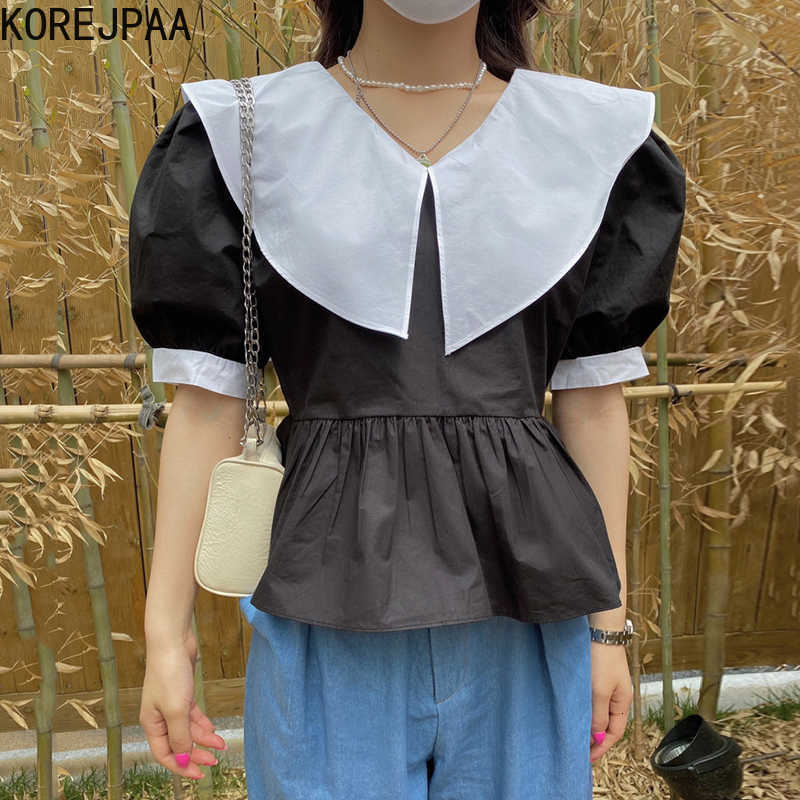 Korejpaa Women Shirt Summer French Sweet Age-Reducing Doll Collar Contrast Stitching Loose Hem Ruffled Puff Sleeve Blouses 210526
