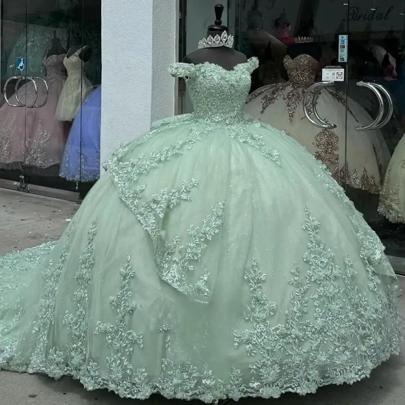 Mint Green Ball Gowns Quinceanera Dresses Off the Shoulder Appliques Layered with Bowknot Lace up Draped 15 Anos Vestido