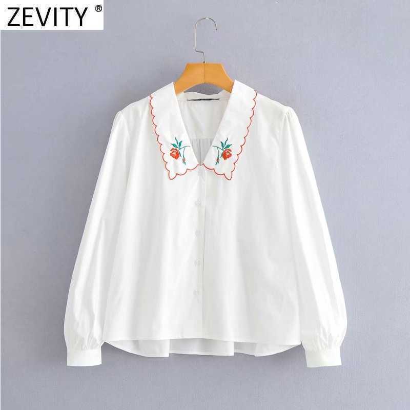Zevity Women Sweet Floral Embroidery Casual Breasted Shirt Prairie Chic Puff Sleeve Female Blouse Roupas Chemise Tops LS9289 210603
