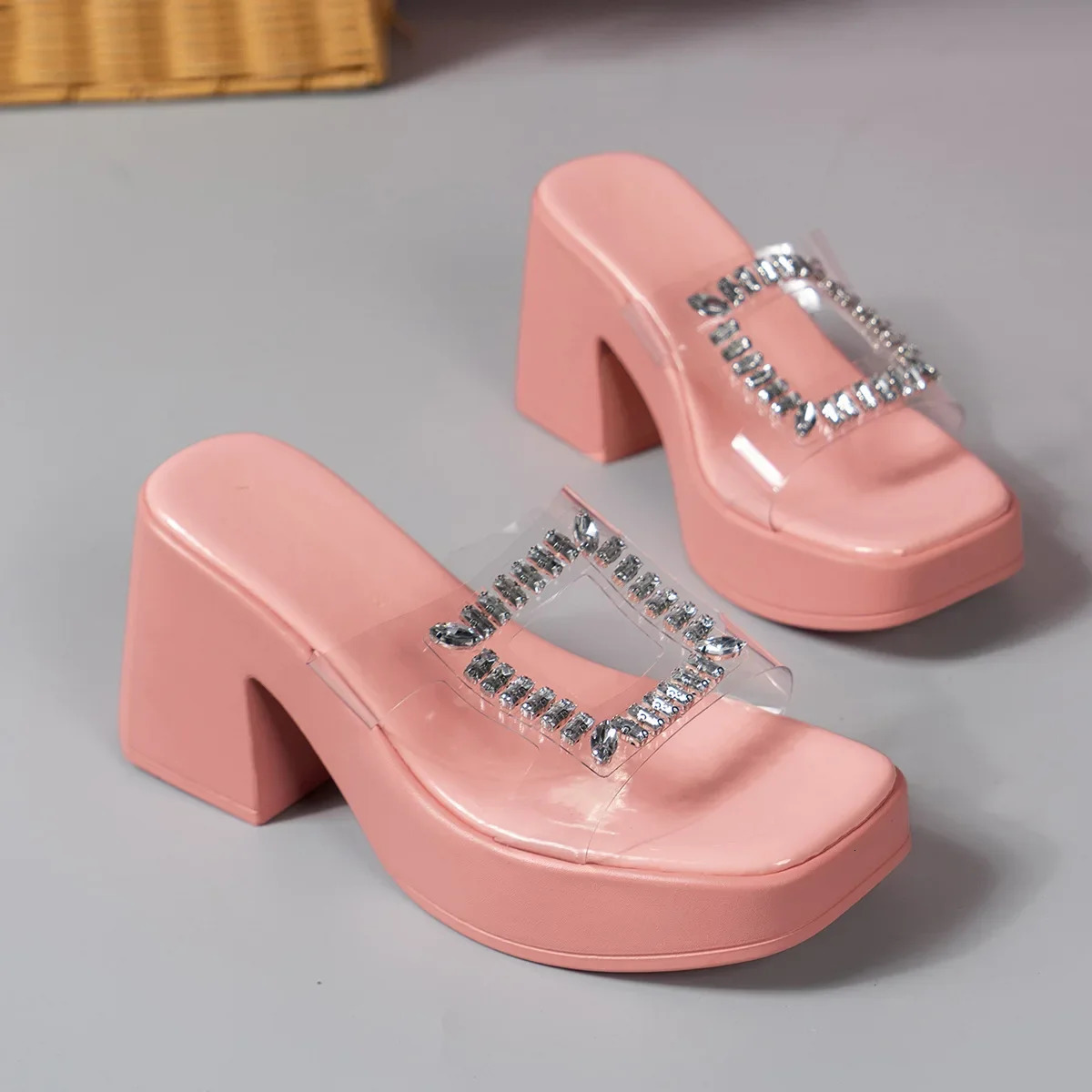 Womens high heel square toe Rhinestone slider used for wearing waterproof platforms thick soled sandals slider 240612