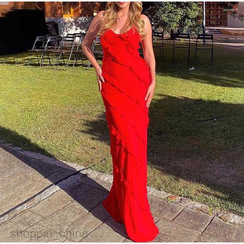 Casual Dresses Women Elegant Deep V Neck Maxi Dress Sexy Ruffles Backless Party Club Fashion Ladies Beach Split Sundress Vestidos 7654D