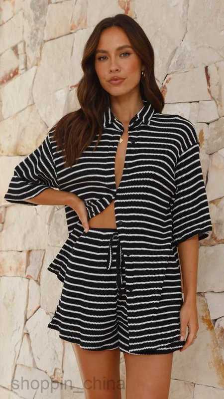 Women's Tracksuits Women's casual two-piece set 5/4 sleeves striped shirt top comfortable and loose fitting shorts set Sets