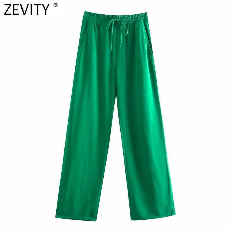 Zevity Women Simply Solid Green Color Pockets Casual Straight Pants Female Chic Elastic Waist Lace Up Summer Long Trousers P1116 210603