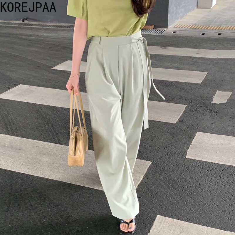 Korejpaa Women Pants Summer Korean Chic Simple Versatile High-Waisted Side-Tied Wide Loose Drape Wide-Leg Suit Casual Pant 210526