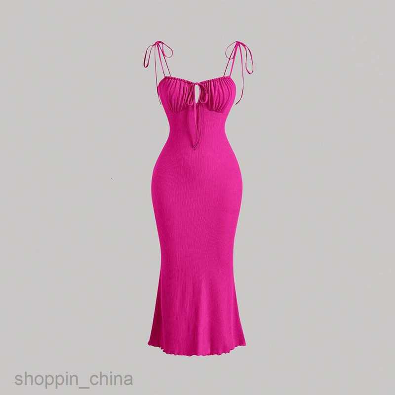 Basic Casual Women Dresses New Sexy Drawstring Tied Slim Bag Hip Fishtail Long Dress Hanging Strap Style Dress
