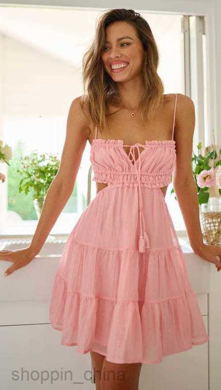 Basic Casual Women Dresses Summer New Women's sexy camisole dress hollowed out lace up and backless large hem dress