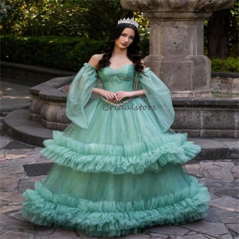 Fariytale Green Quinceanera Dresses 2024 Off Shoulders A Line Beaded Ruffles Prom Dress Fifteen Birthday Dress Floor Length Tulle Vestio De Xv15 Anos 