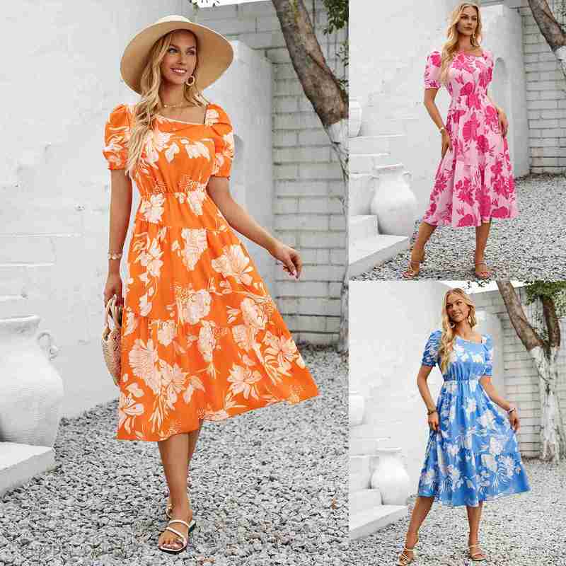 Basic Casual Women Dresses Independently designed new summer women's casual and fashionable diagonal collar floral print fresh dress