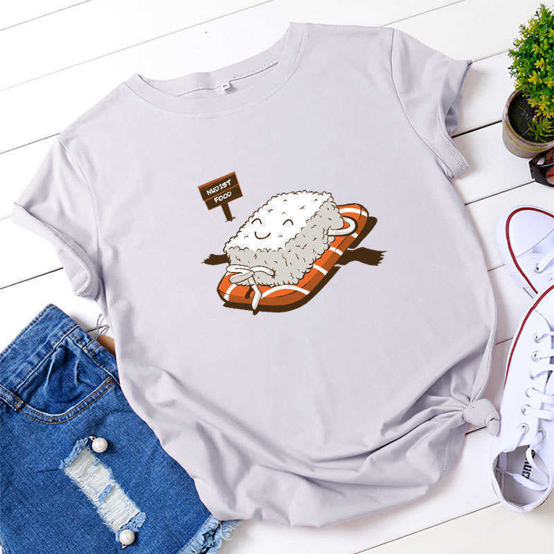 100% Cotton Cute Sushi Print Women T-Shirt Casual Loose Short Sleeve Fashion Harajuku Ladies Tees Top W878 210526
