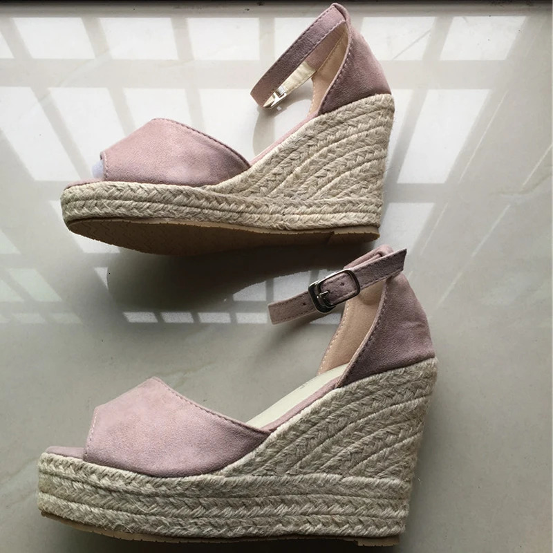 Fashionable Womens Summer Sandals Buckle Casual Platform Wedge Sandals Peel Toe Straw Wedge High Heels 9.5/10.5cm 240612
