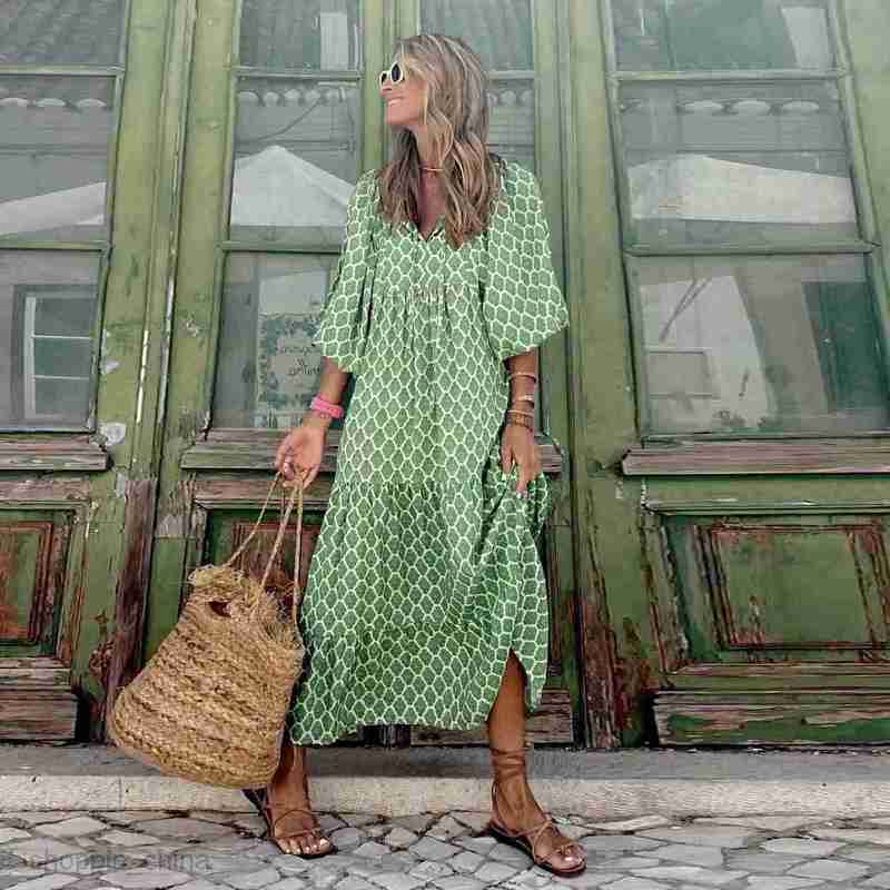 4XL 5XL Plus Size Autumn Spring vestidos Geometric Print Bubble Sleeve Maxi Dress Long Sleeves Street Blast Large Ruffles Women's Clothes 7654D