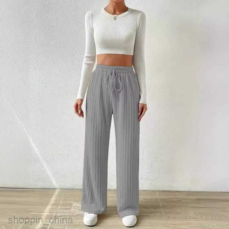 Women's Pants Capris New Waist Texture Knitted Wide Leg Pants Elastic Waist Solid Color Casual Loose Straight Women's Wear