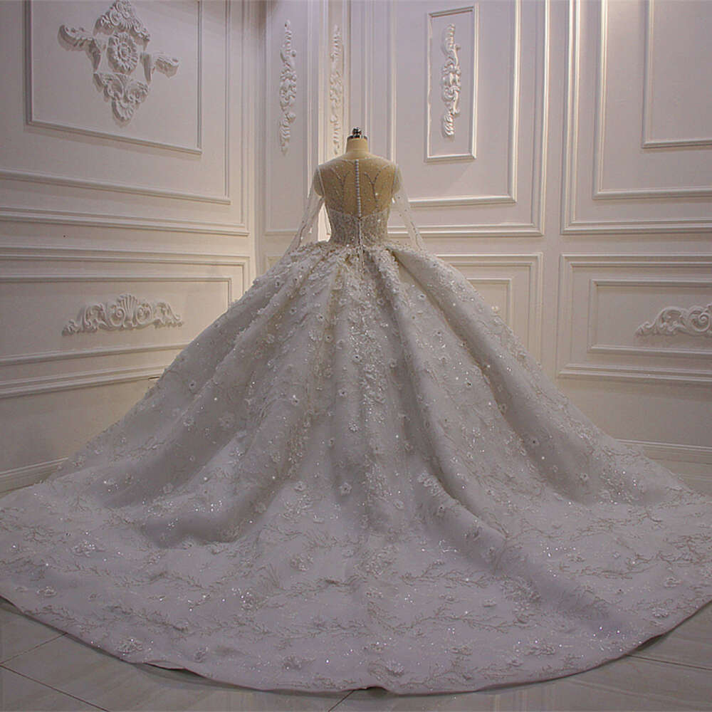 AM552 White Ball Gown Dress Shiny Lace Flowers O-Neck Full Sleeves Wedding Gowns With Long Train As Photos