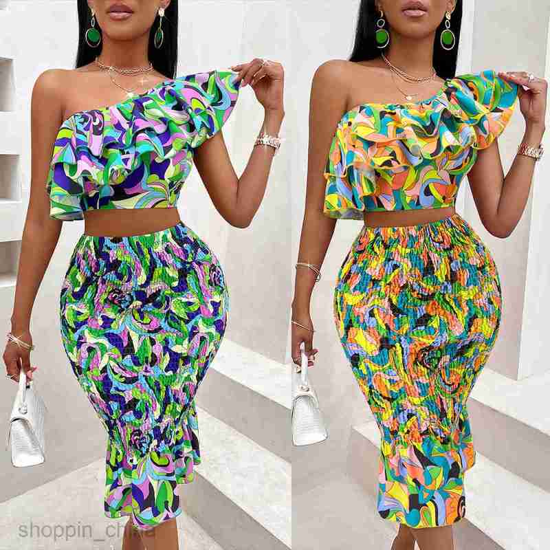 Two Piece Dress Sets Summer Leisure New Women's Wear Skew Shoulder Lotus Leaf Embracing Printed Women's Set