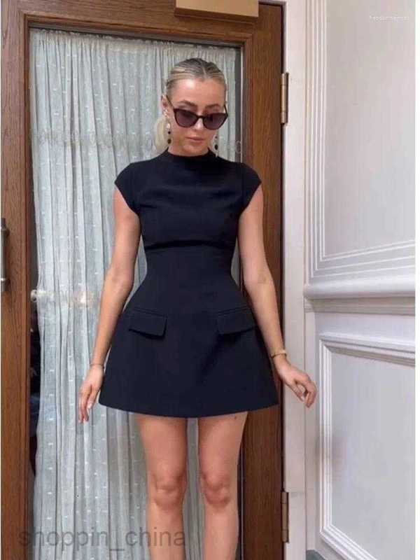 Casual Dresses Women Elegant Slim Solid Pockets Mini Dress Fashion O-neck Short Sleeve A-line Office Lady Chic Commuting Robes
