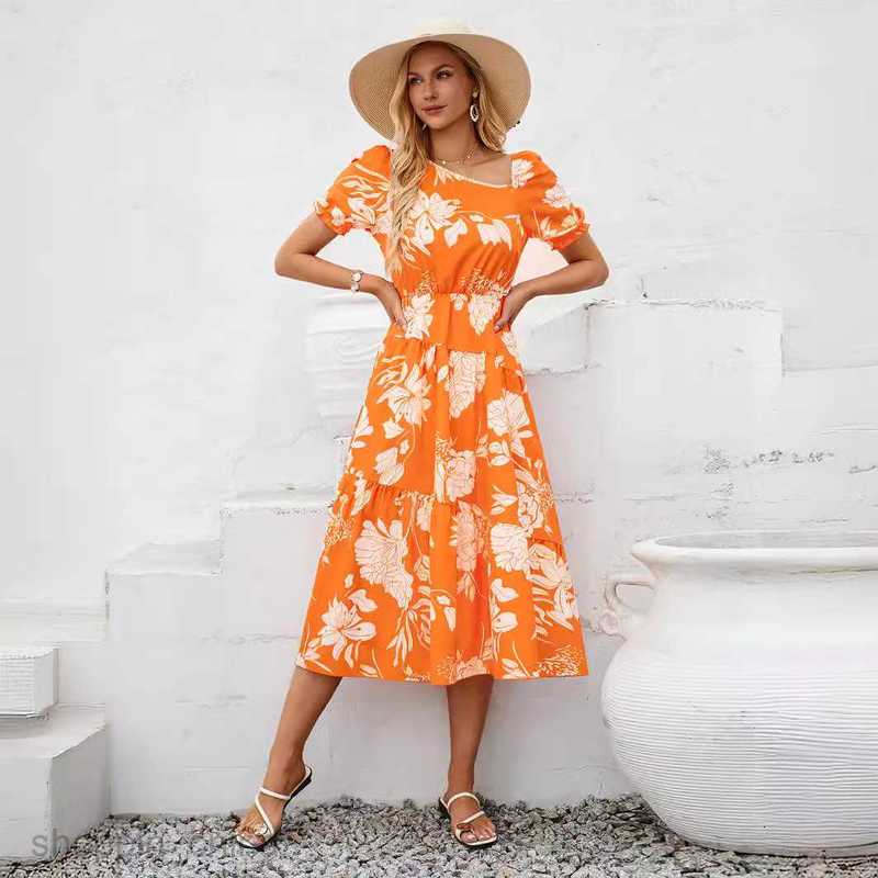 Basic Casual Women Dresses Independently designed new summer women's casual and fashionable diagonal collar floral print fresh dress