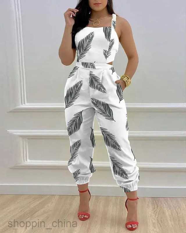 Women's Tracksuits Women's temperament commuting straps printed jumpsuit Sets