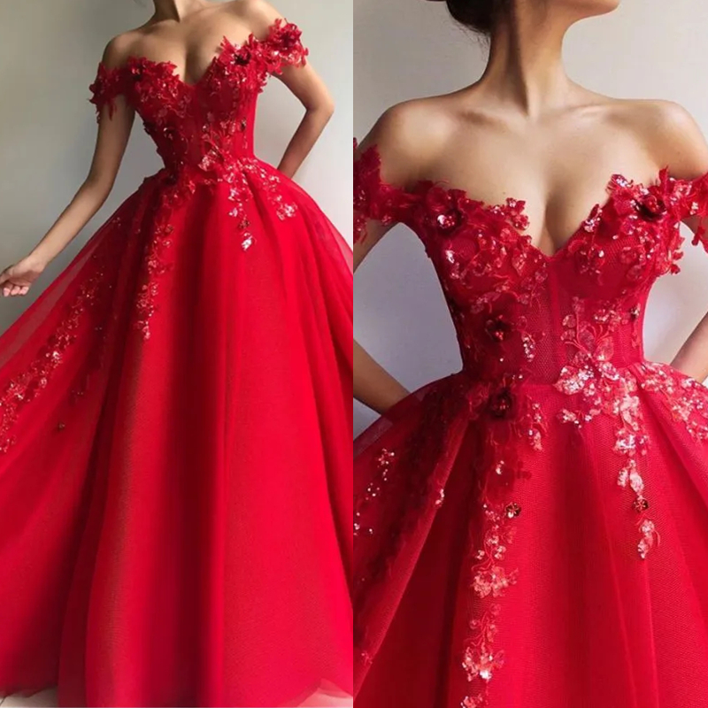 Arabic Shiny Red Evening Dresses Off The Shoulder A-Line Long Tulle Prom Gowns Sequins Lace Appliques Formal Party Second Reception Birthday Dress