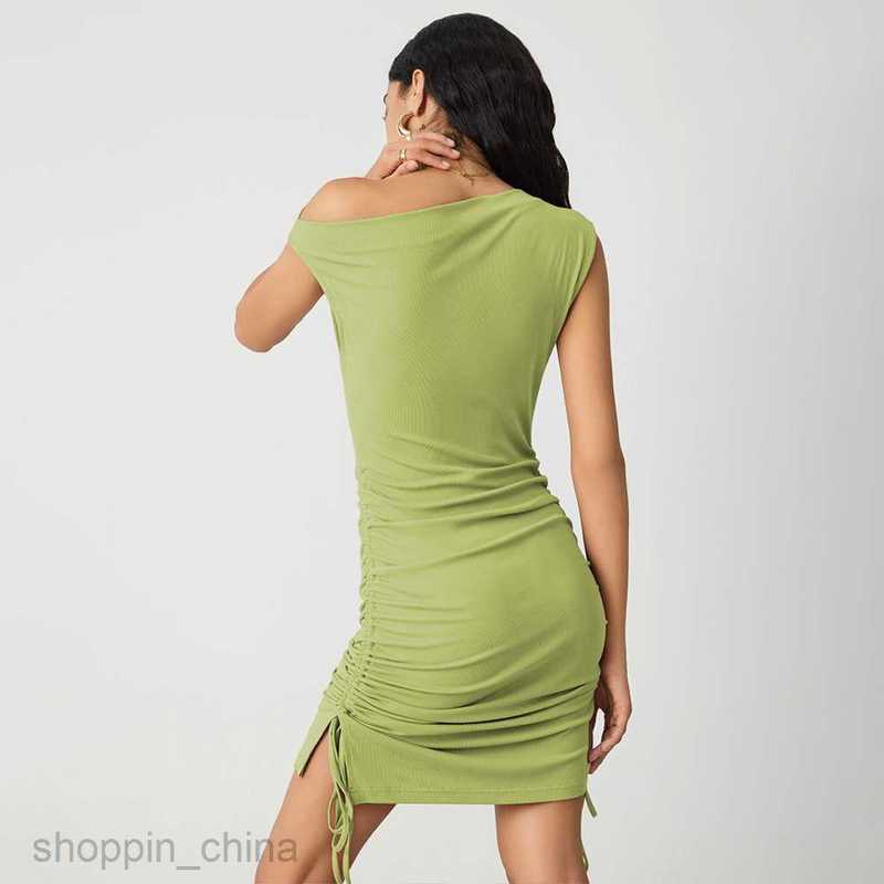 Basic Casual Women Dresses Ins2024 Fashion Knitted Sleeveless Design Feeling Oblique Shoulder Fold Waist Covering Meat and Hip Covering Short Skirt