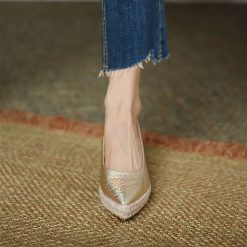 FHANCHU Autumn Leather Shoes Womens Platform Pump Straw Wedge High Heels Slippery Shallow Angled Toe Gold 35-40 Dropper 240612