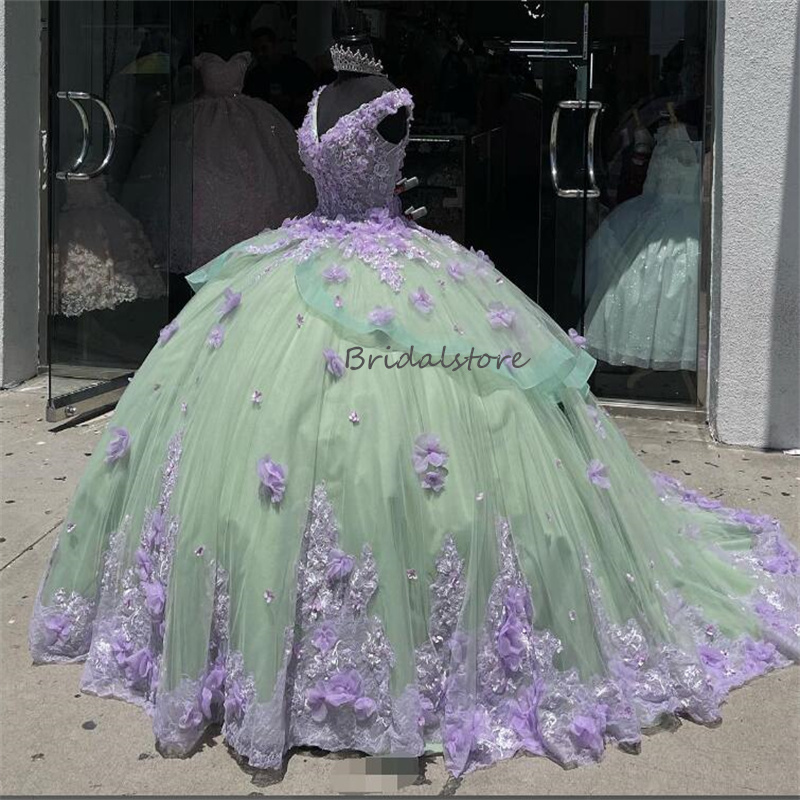 Gorgeous Green Quinceanera Dresses With Lilac 3D Florals 2024 Vestidos Charro Mexica Quinceanera Masquerade Sixteen V Neck Tulle Birthday Party Vestid