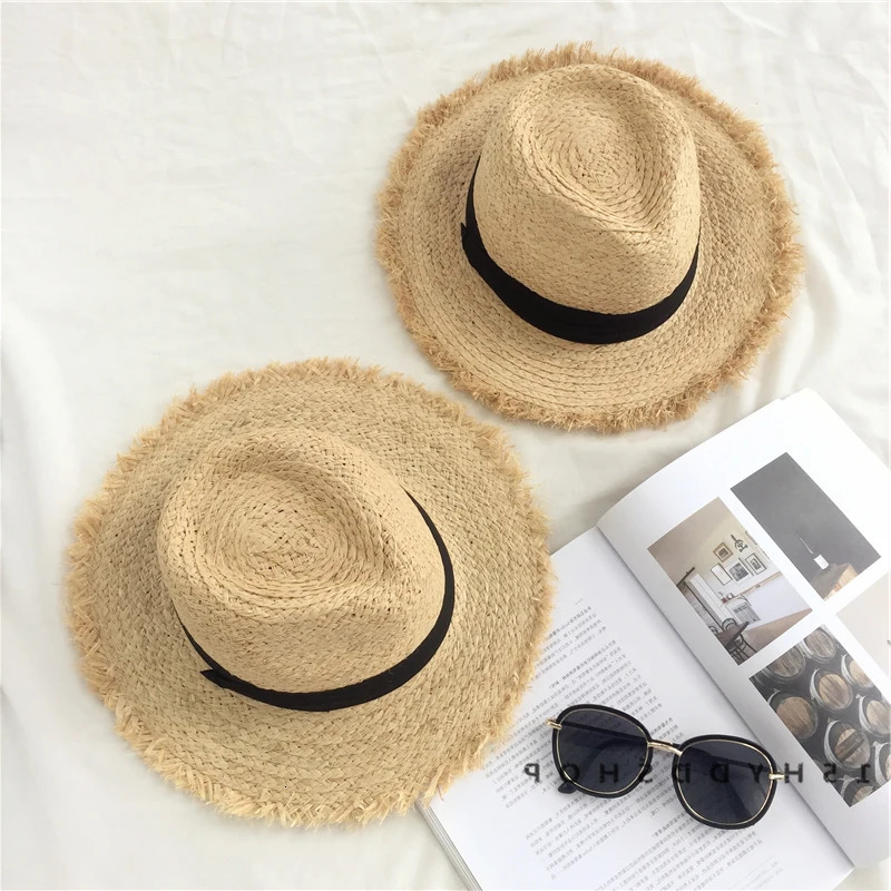 Natural Large Wide Brim floppy hat Raffia jazz Straw Hat Women Summer Fringe Beach Cap hand Weave sun Hat wholesale beach hat 240601