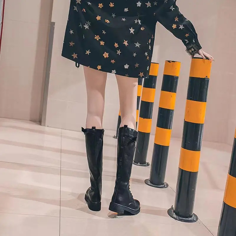 Womens shoes black middle heel winter knee long axis womens shoes lace shoelaces promotional rock Pu 240614