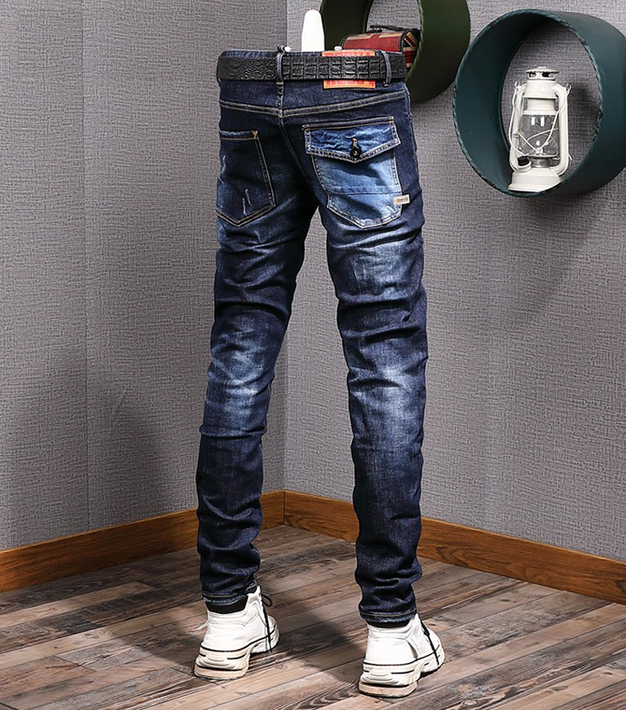 Cool Guy Biker Jeans Bleach Distressed Paint Damaged Slim Fit Cowboy Trousers Men