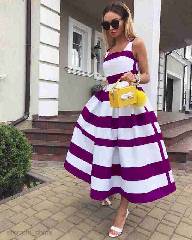 Casual Dresses Women Elegant Shoulder Long Party Dress Summer Striped Print Sleeveless Fashion Chic A-Line Suspender Beach 7654D