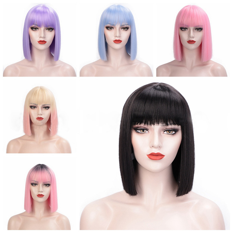 Synthetic Mechanism Bob Wig 12inch Silky Straight Chemical Fiber Wigs Black Pink Blue Color Straight Bang