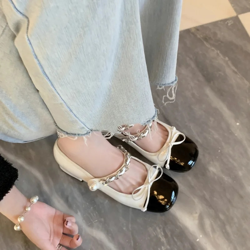 Womens Shoes Mary Jane Womens High Heel Retro Dress Pump Womens Chain Pearl Bow Square High Heel Shoes Womens Shoes 240614