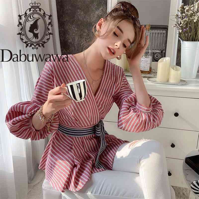 Dabuwawa Elegant Lantern Long Sleeve Striped Blouse Ladie Shirts Women Bow Shirt Slim-fit Vintage Top Shirt Women DO1AST012 210520
