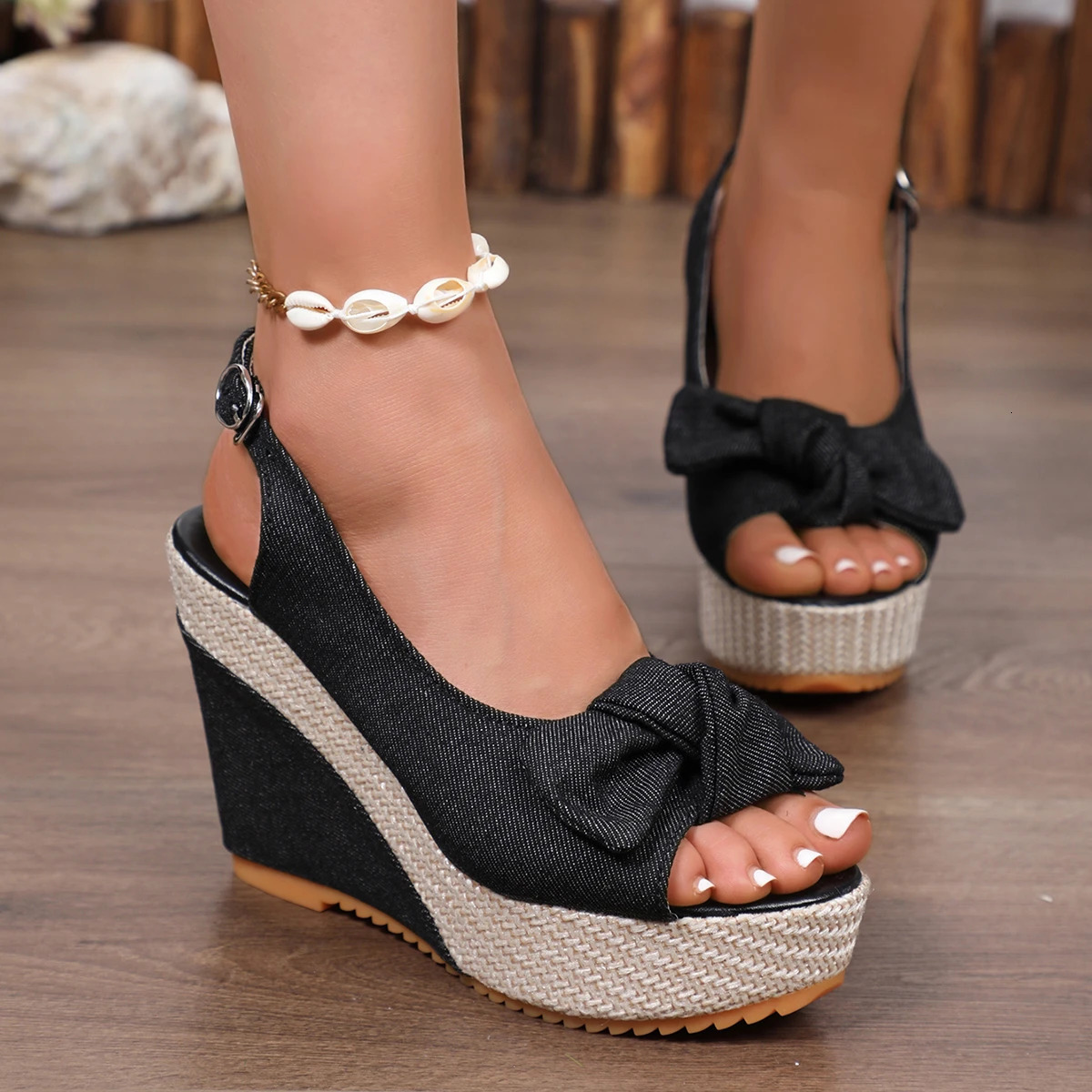 Womens ankle diaper toe platform denim wedge sandals Zapatos De Mujer wedge sandals thick sole sandals high heel sandals 240612