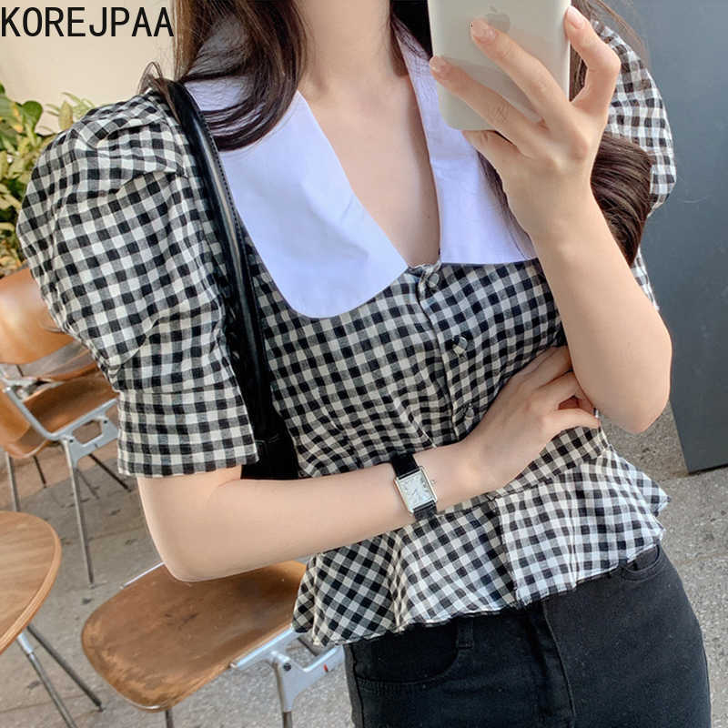 Korejpaa Women Blouses Korean Style Chic Summer Temperament Black White Plaid Short Bubble Sleeve Shirt Femme Blusas Mujer 210526