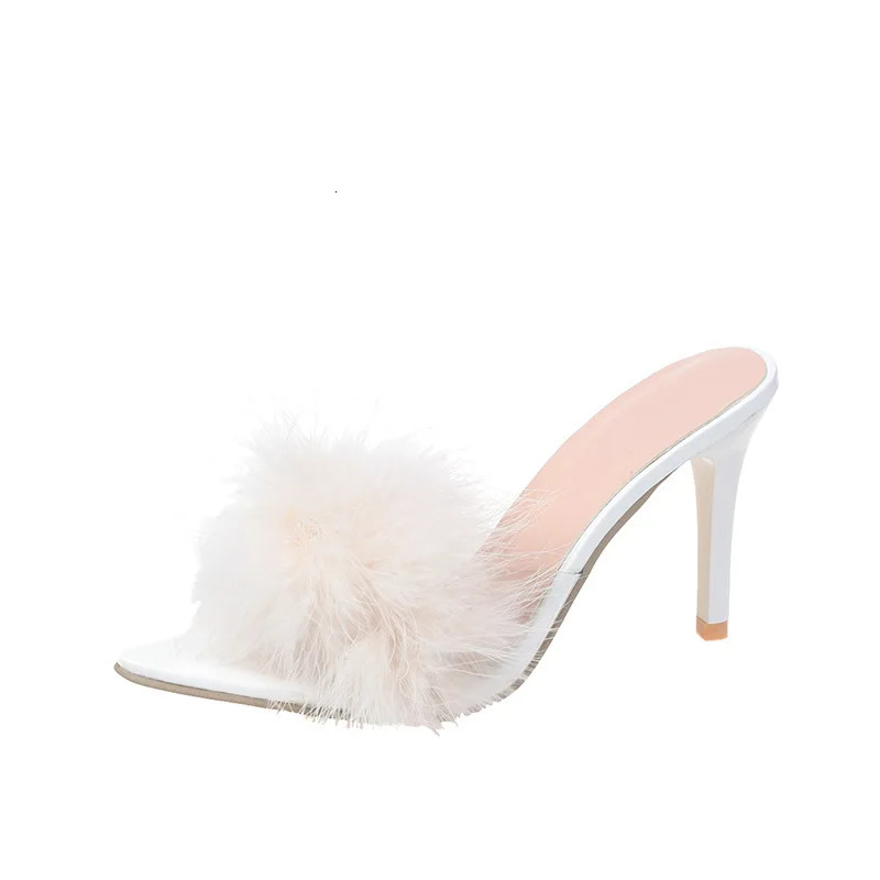 Women Slippers High Heels Fur Stiletto Peep Toe Mules Ladies Indoor Rubber Zapatillas Mujer Pointed Red Summer Sexy Shoes 240614