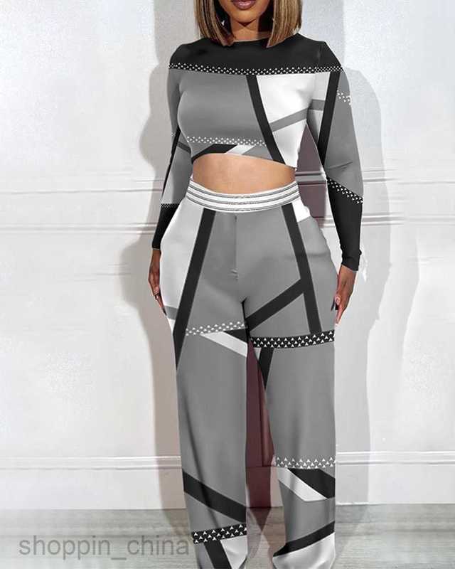 Women's Tracksuits Autumn/Winter New Large Women's Long sleeved Two piece Set Open Navel Printing Set for Women Sets