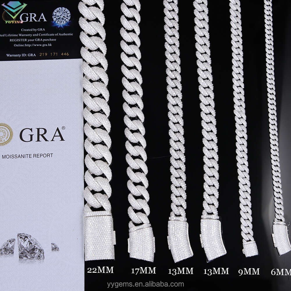 Yu Ying Iced Out 6mm-13mm Vvs Moissanite Dia S Sterling Sier Cuban Link Chain for Mens Hiphop Jewlery