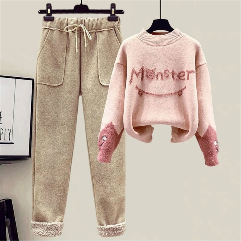 Womens Two Piece Pants Casual Tracksuit Women Monster Letter Printed Knitted Mink Fleece Pullover Sweaters Pants Sets Two Piece Suit Female Plus Size 
