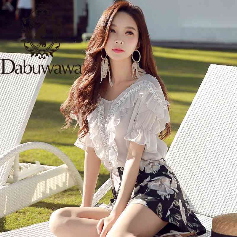 Dabuwawa Exclusive Summer Sweet Solid Chiffon Blouse Women Elegant Ruffle Short Sleeve V-Neck Shirts Tops Ladies DO1BCF005 210520