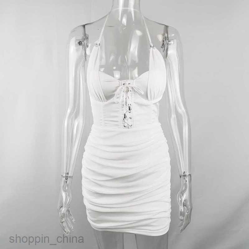 Basic Casual Women Dresses quality women's wear hanging neck white mesh pleated open back dress slim sexy dress