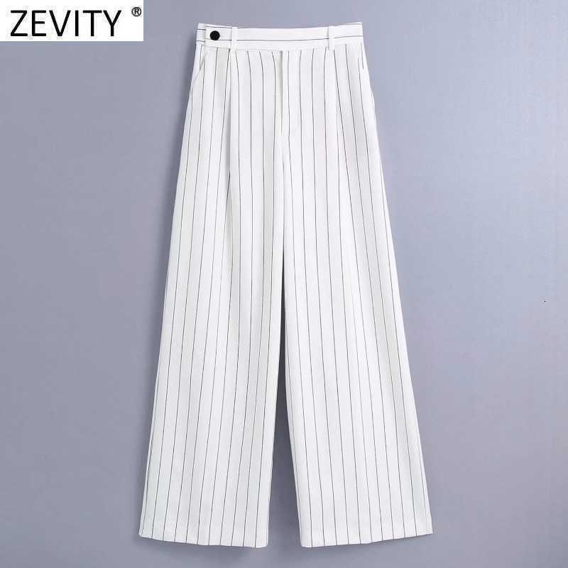 Zevity Women Vintage Striped Print Pocket Wide Leg Pants Retro Female Chic Zipper Fly Casual Slim Long Trousers P1107 210603